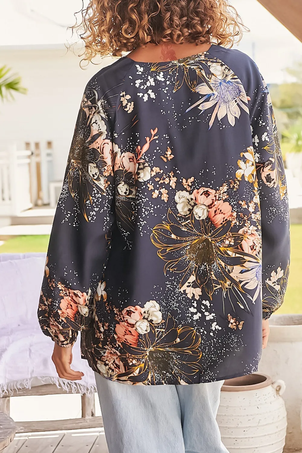 Navy Blue Floral Print Tie Front Blouse
