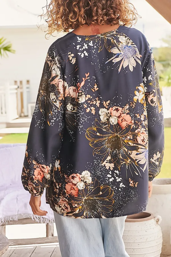 Navy Blue Floral Print Tie Front Blouse