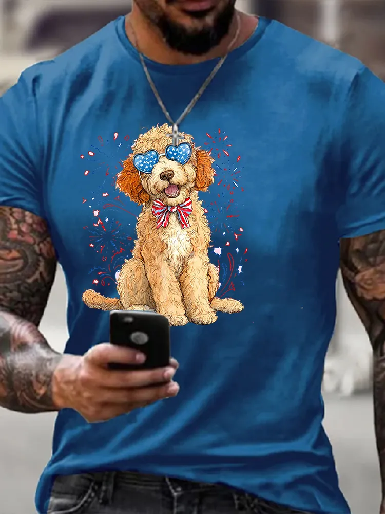 Men'S Independence Day Puppy Fireworks Round-Neck Short-Sleeved T-Shirt