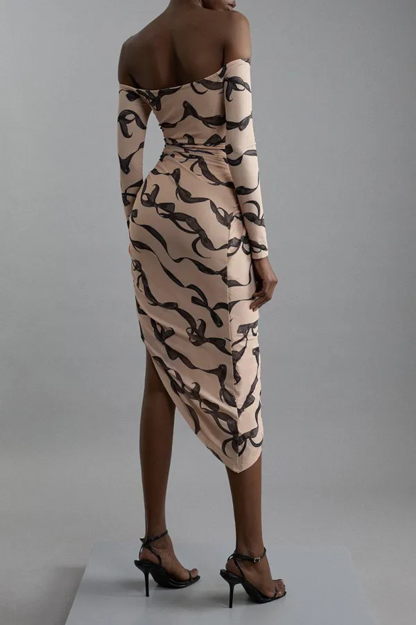 Petite Black Bow Jersey Mesh Ruched Detail Midi Dress