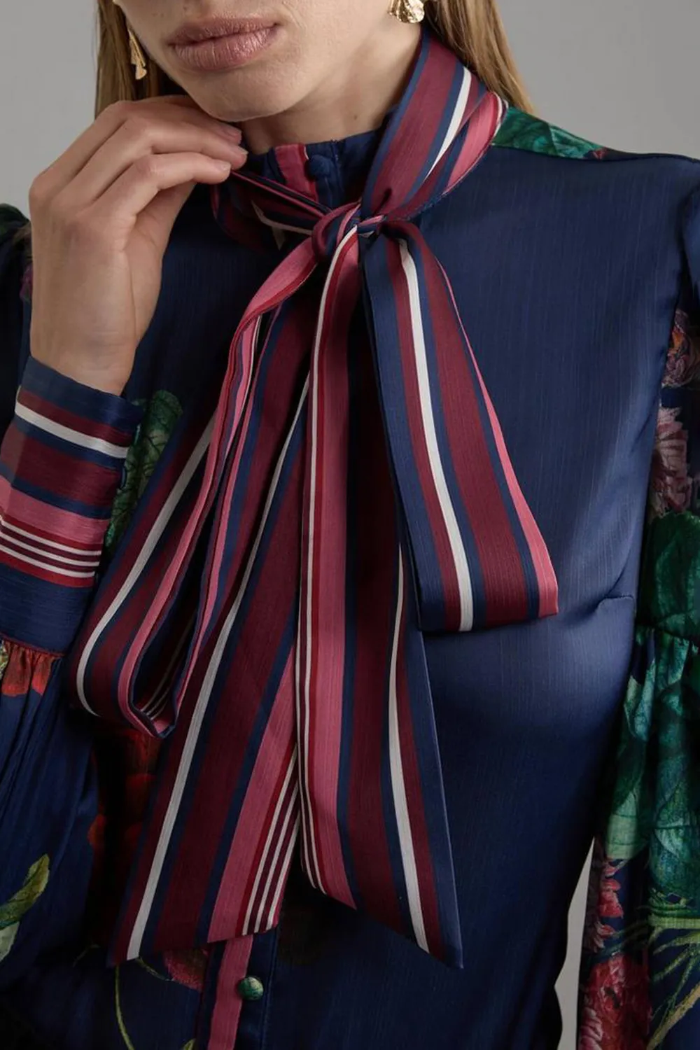 Woven Balloon Sleeve Tie Detail Blouse