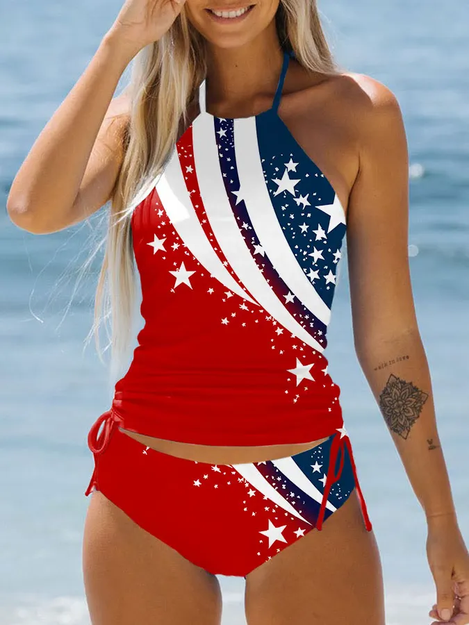 Women'S Irregular Star-Striped Printed Swimsuit Set