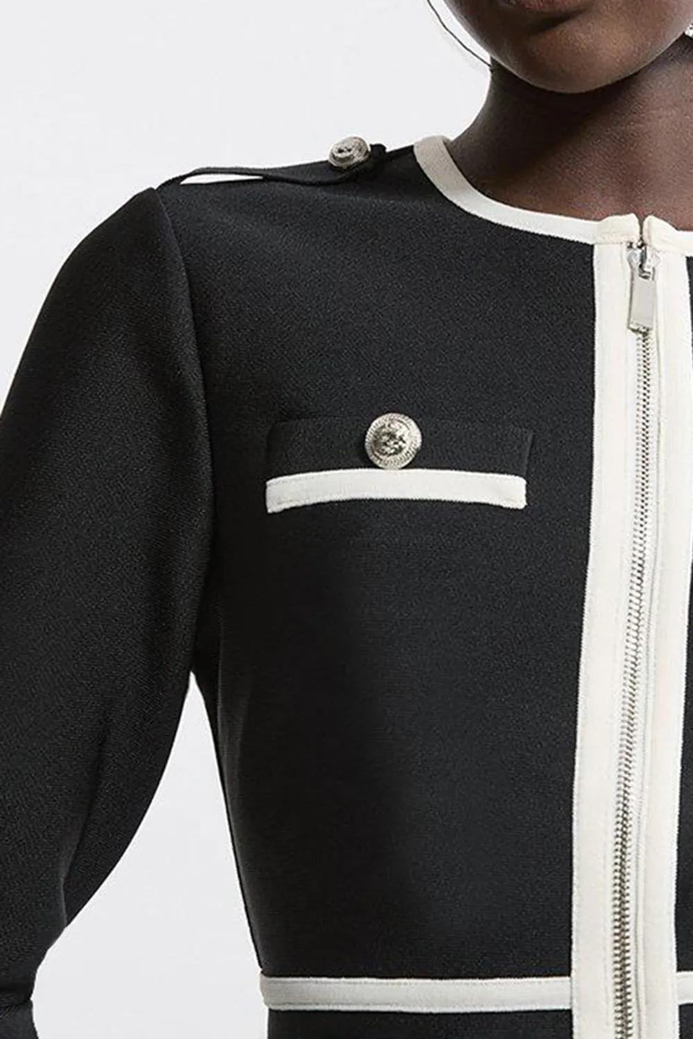 Military Contrast Piping Knit Split Hem Jacket