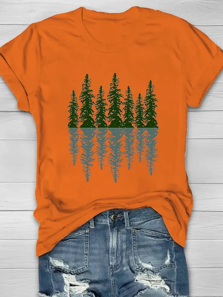Women's Casual Natural Forest Print Short Sleeve Crew Neck T-Shirt