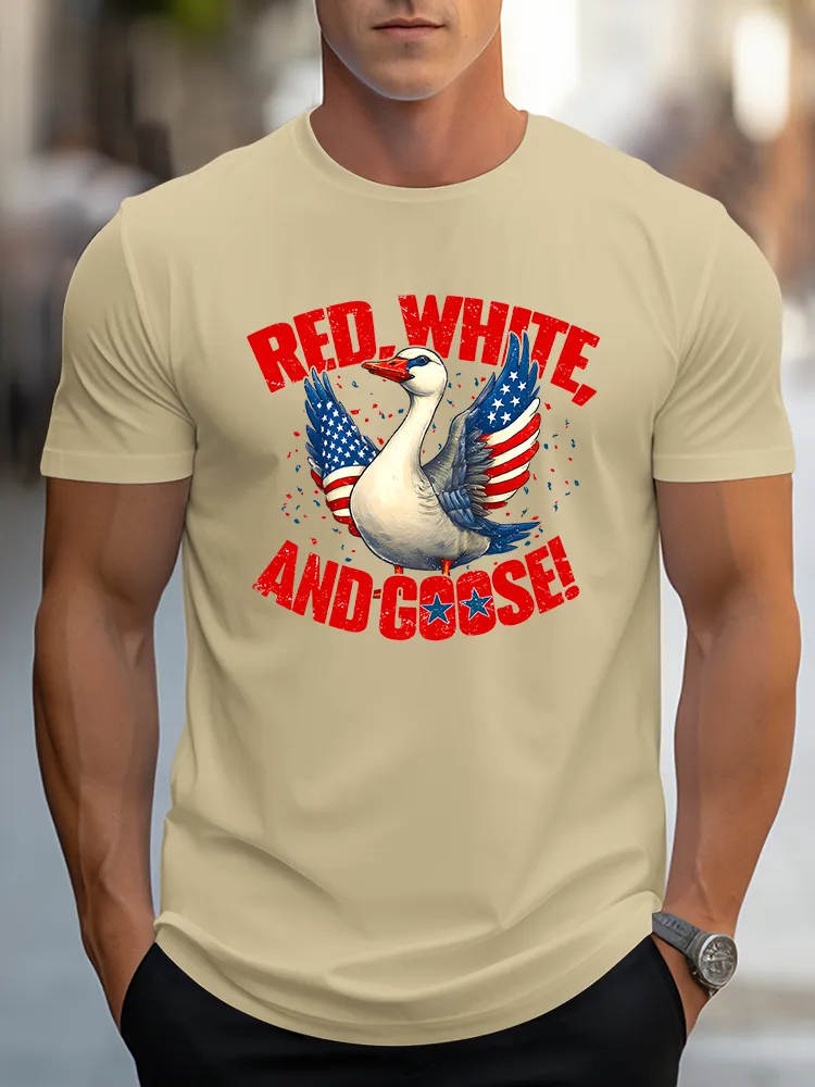 Man'S Red, White, And Goose! Round-Neck Short-Sleeved T-Shirt