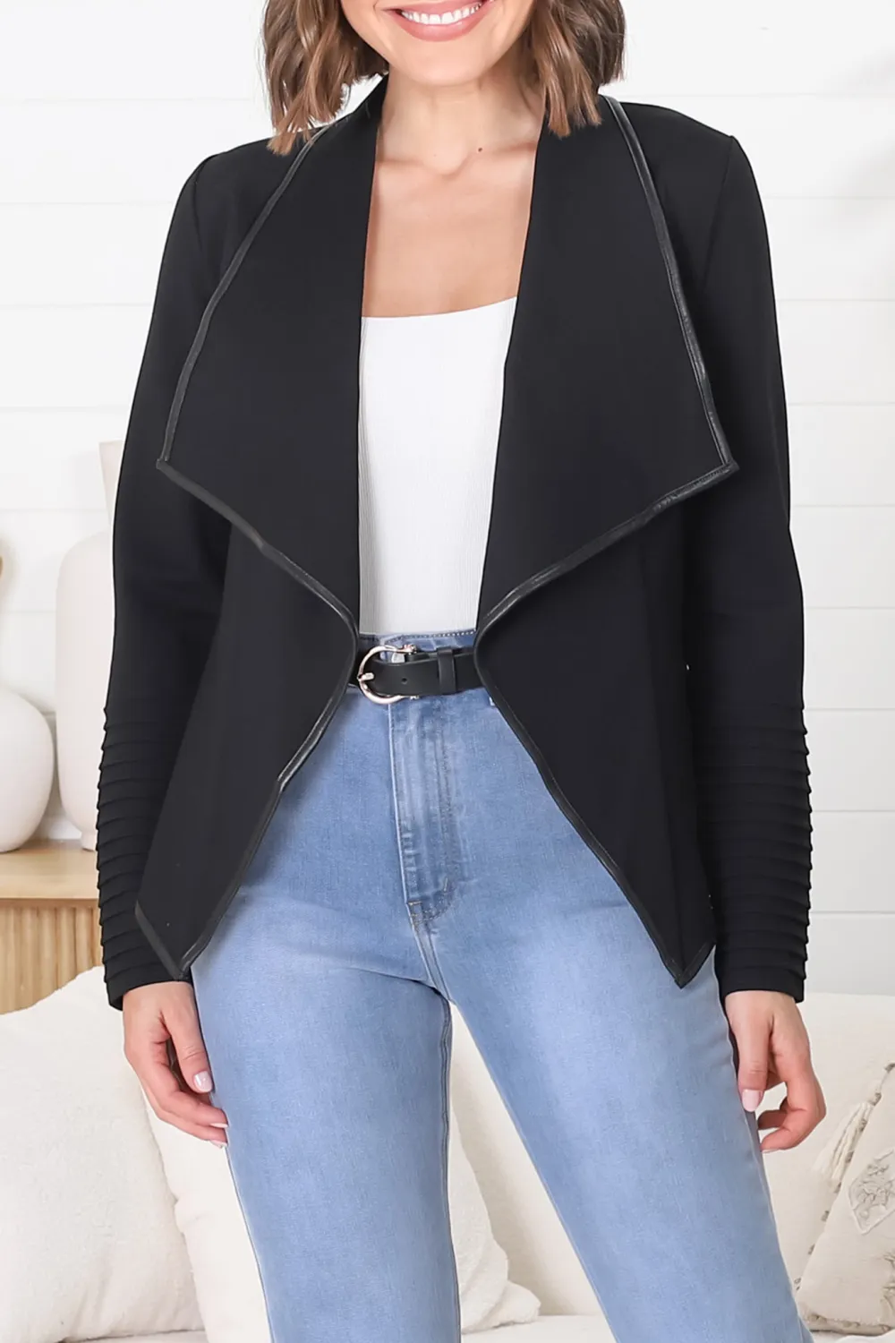 Faux Leather Trim Lapel Collar Jacket