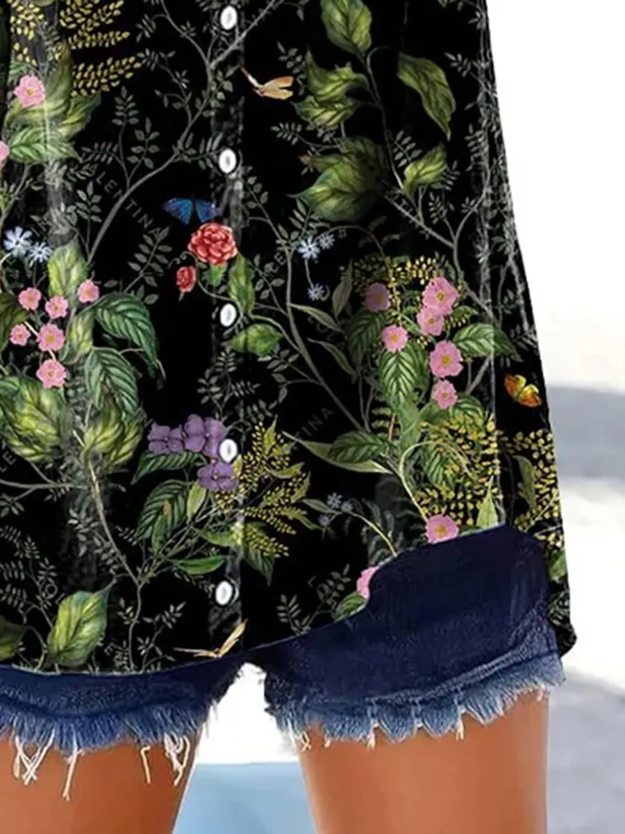 Women's Retro Casual Floral Cotton and Linen Shirt