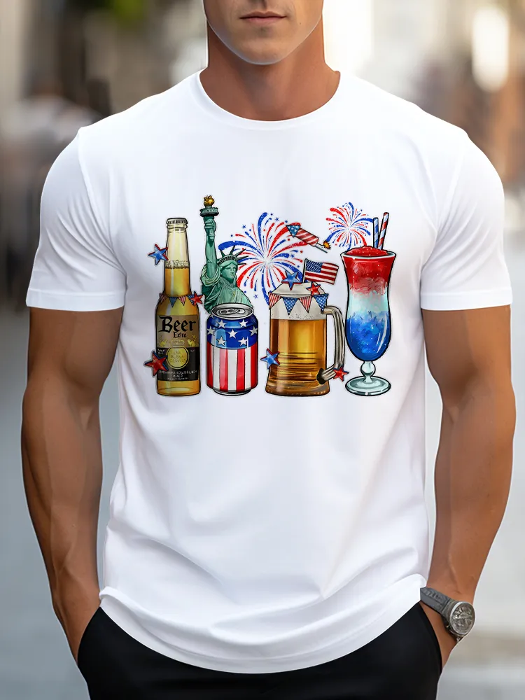 Man'S Fireworks And Wine Round-Neck Short-Sleeved T-Shirt