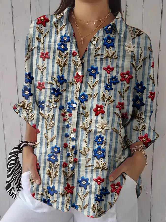 Women'S Flower And Striped Prints Lapel Shirt