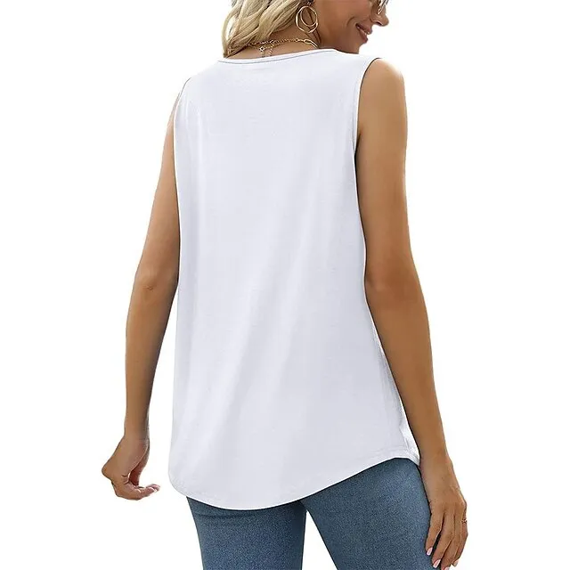 Tank Women's Wine Red Black White Solid / Plain Color Pleated Daily Basic Square Neck S
