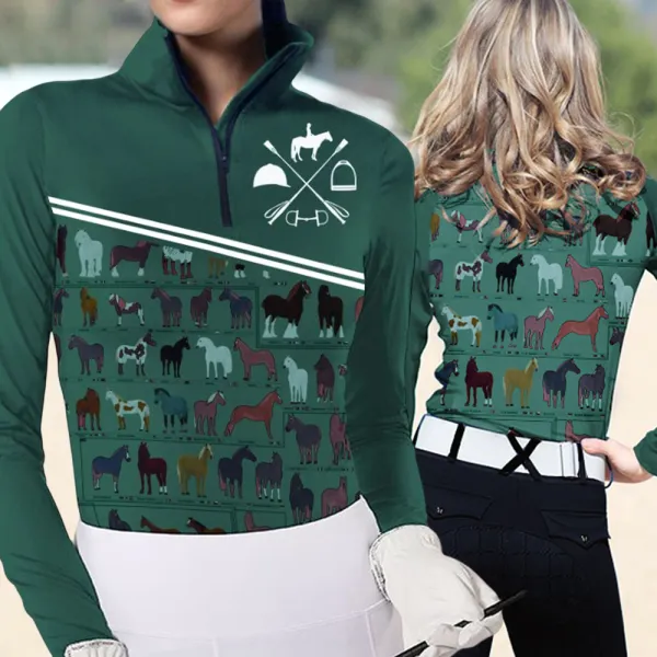 Women's Riding Style Horses Breeds Print Long Sleeve Casual Shirt