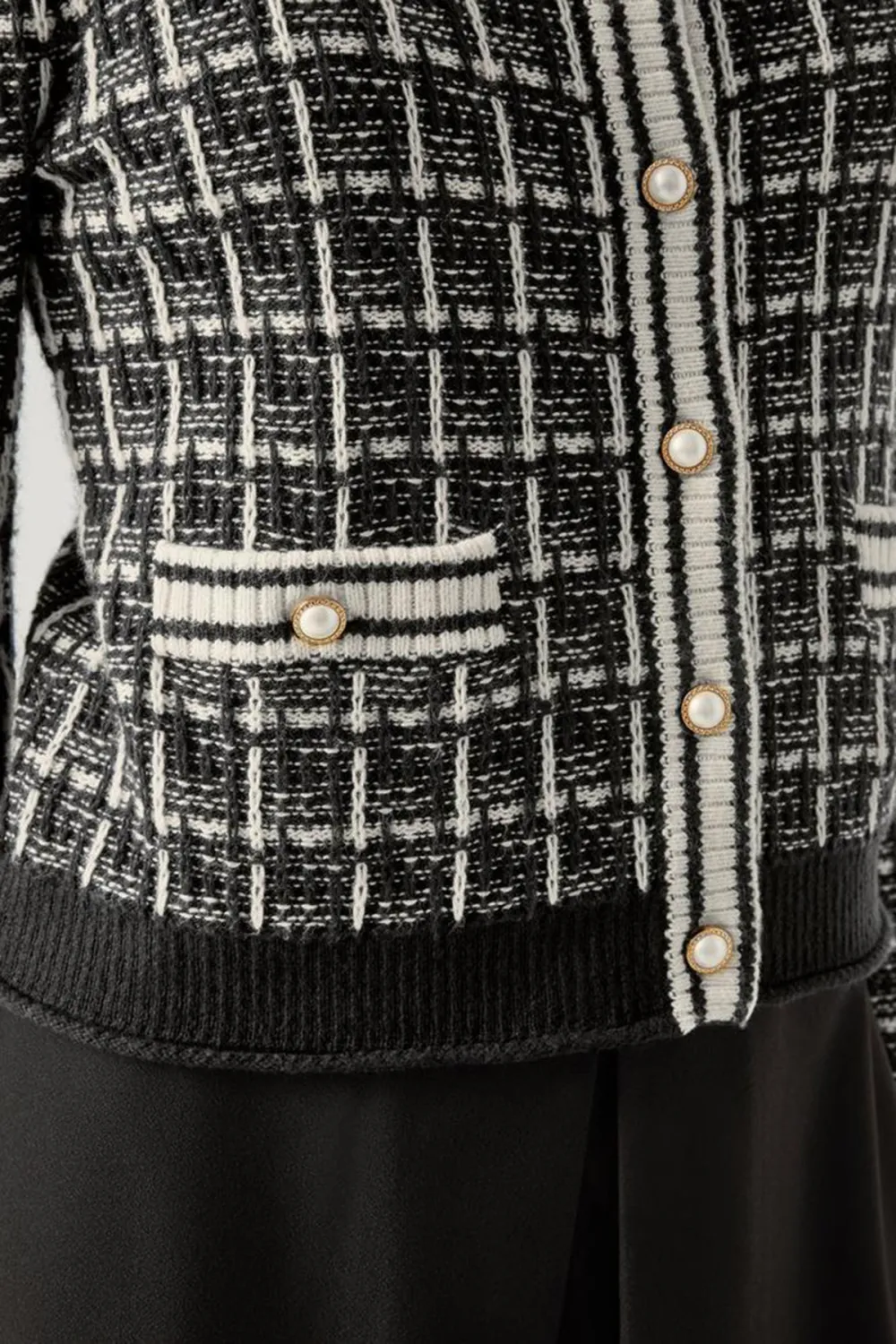 Black White Tweed Polo Collar Knit Cardigan