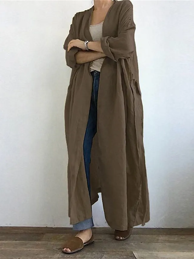 Women's Trench Coat Outdoor Pocket Plain Comfortable Fashion Regular Fit Outerwear Long Sleeve Summer Black S