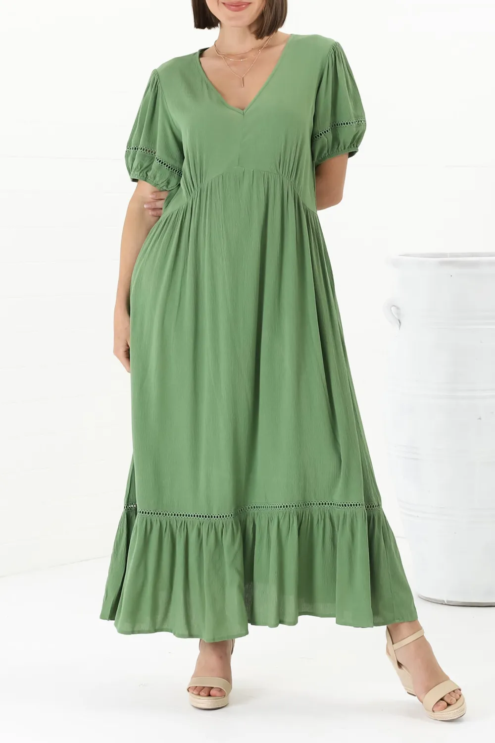 Green V Neck Short Sleeve Ruffled Maxi Dress