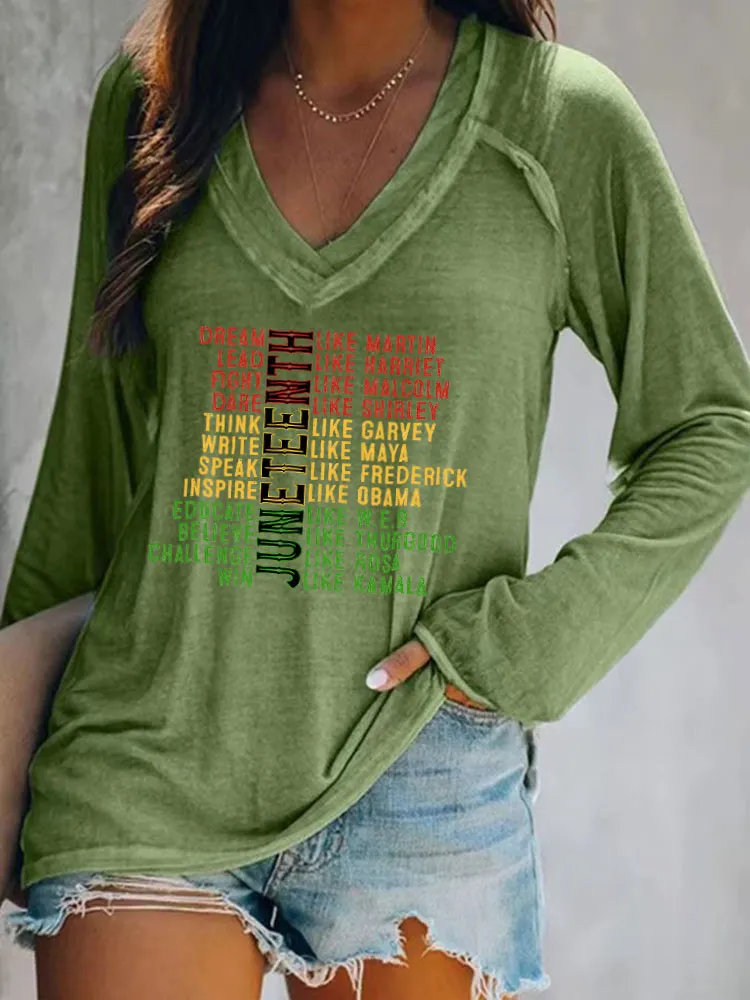 Women'S V-Neck Long-Sleeved T-Shirt Juneteenth