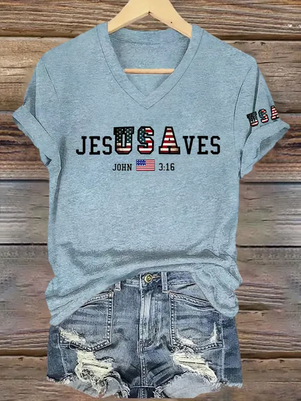 Woman'S Jes Usa Ves John 3:16 V-Neck Short-Sleeve T-Shirt
