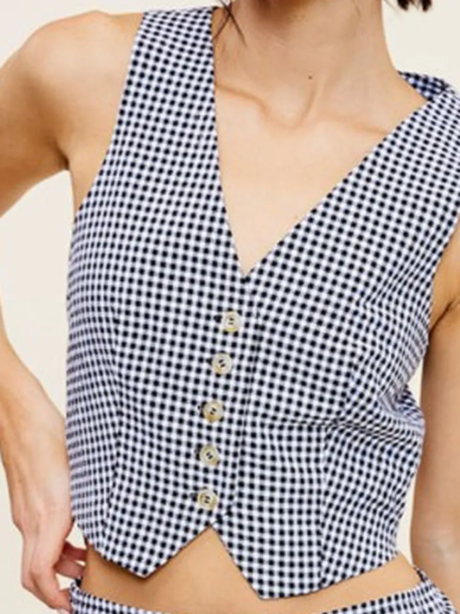 Black And White Plaid Button Vest