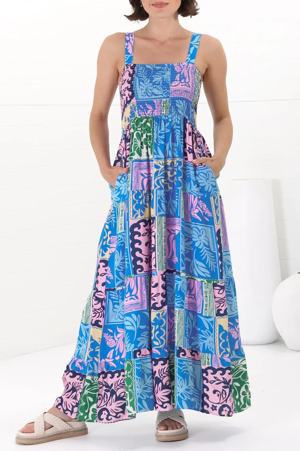 Blue Patchwork Print Strapless Maxi Dress