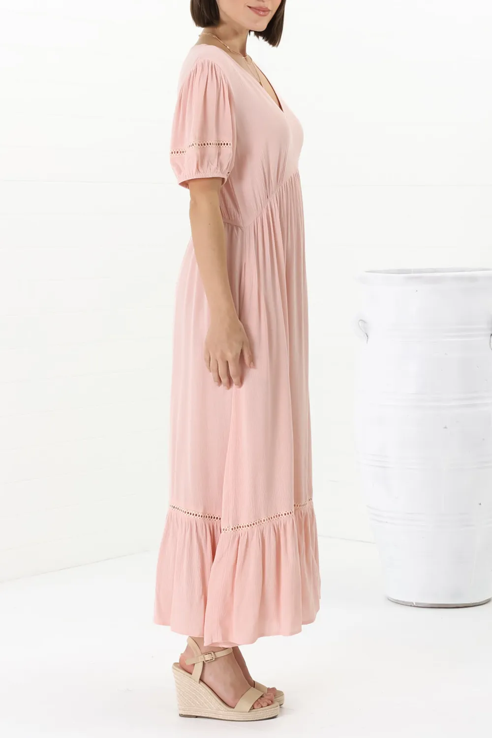 Pink V Neck Puff Sleeve Ruffled Maxi Dress