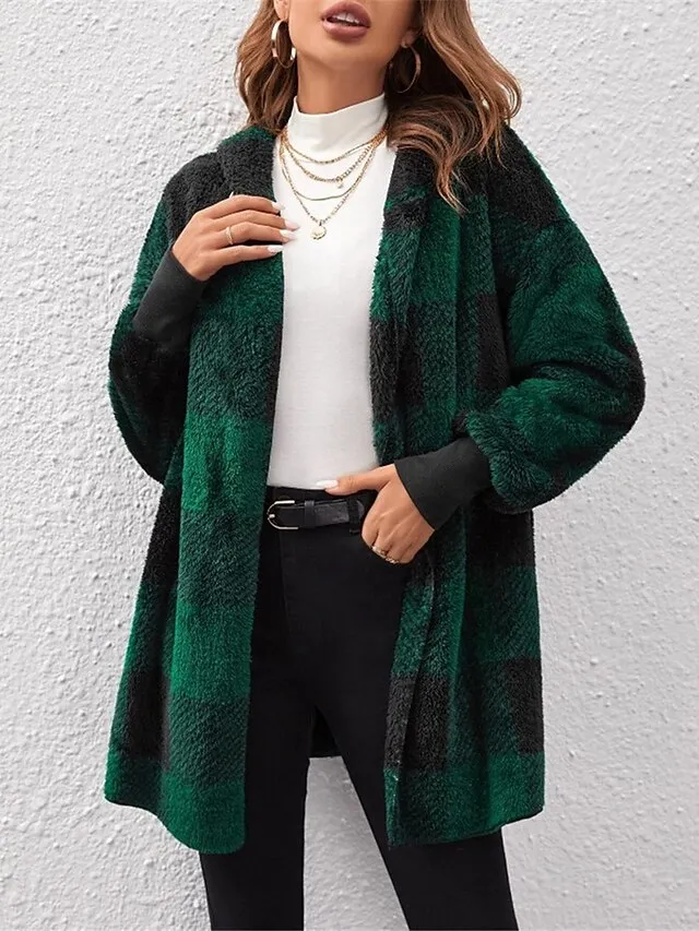 Women's Fleece Jacket Teddy Coat Hoodie Jacket Warm Breathable Street Daily Wear Vacation Going out Pocket Fleece Lined Open Front Hoodie Casual Street Style Stripes and Plaid Regular Fit Outerwear