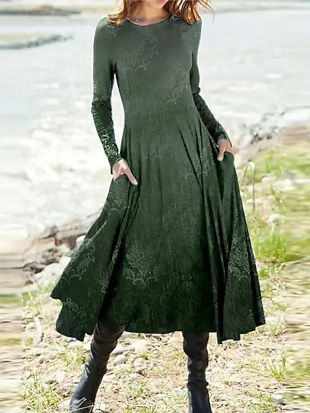 Women‘s Casual Dress Swing Dress Midi Dress Blue Yellow Rainbow Long Sleeve Color Gradient Pocket Print Winter Fall Crew Neck Vacation Casual Fall Dress 2023 S M L XL XXL 3XL