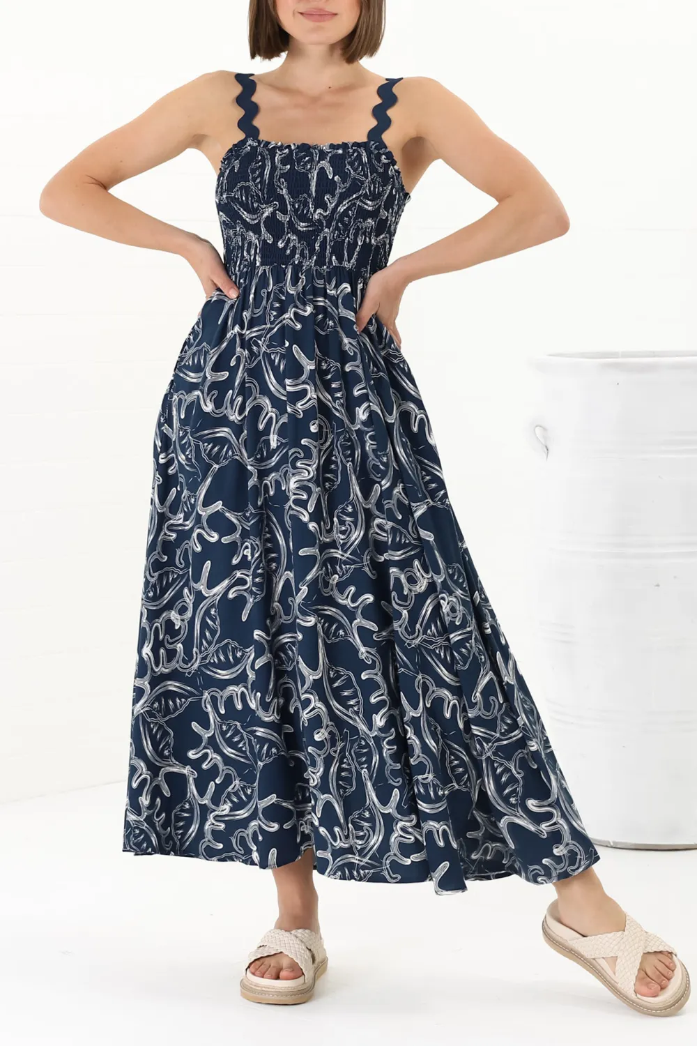 Navy Blue Patterned Scallop Strap Maxi Dress