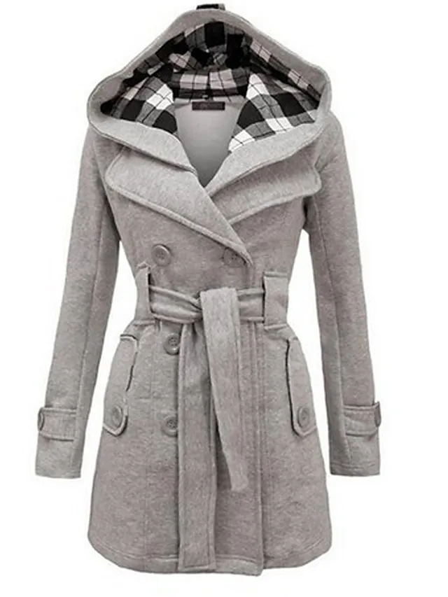 Women's Winter Coat Long Overcoat with Belt Elegant Pea Coat with Hood Double Breasted Warm Windproof Hoodie Jacket Fashion Daily Casual Outerwear Long Sleeve Black Wine Red S M L