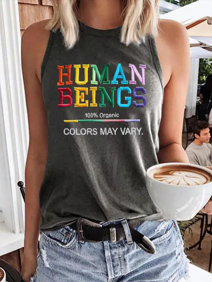 Retro Human Beings 100% Organic Colors May Vary Human Rights Equality Pride Print Tops Tank