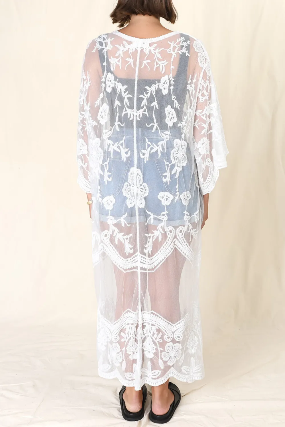 White Sheer Lace Long Line Cover Up