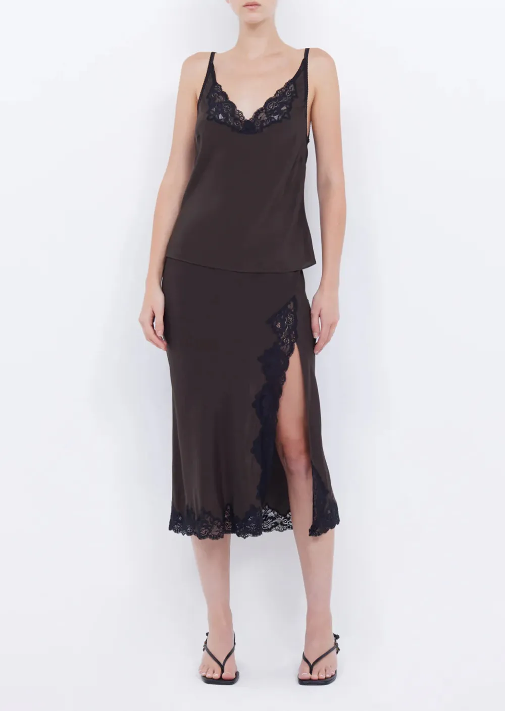 Lace Trimmed Sleeveless Slit Midi Dress
