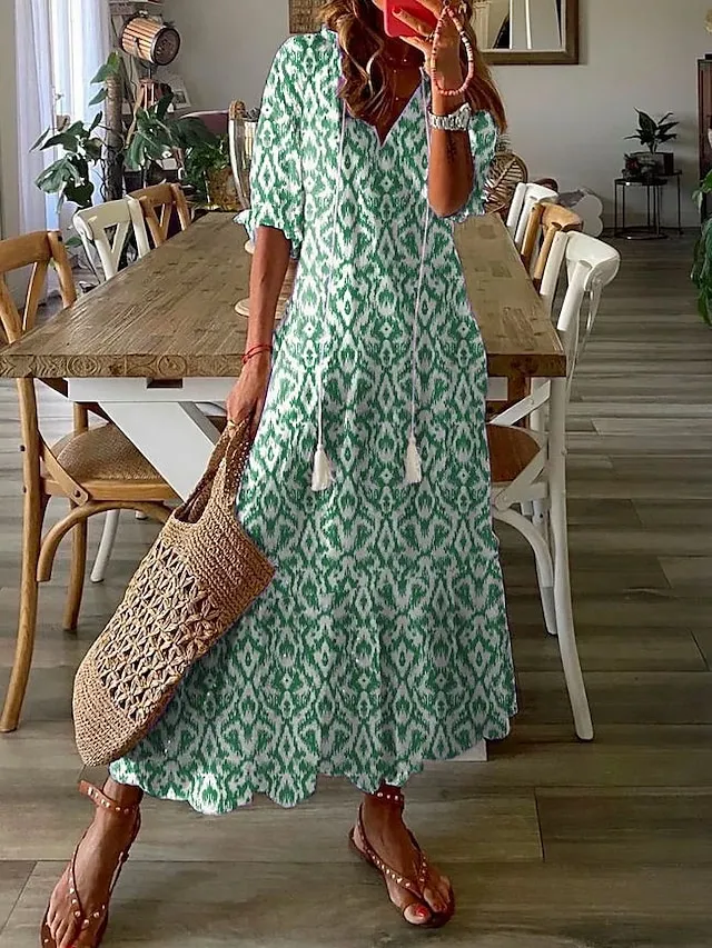 Women‘s A Line Dress Maxi long Dress Purple Half Sleeve Print Ruched Print Spring Summer V Neck Casual Vacation 2023 3XL