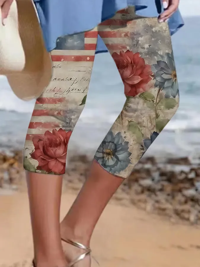Woman'S Flower And Striped Prints Leggings