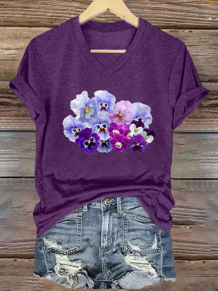 Women'S Floral Printed Alzheimer'S Awareness V-Neck T-Shirt