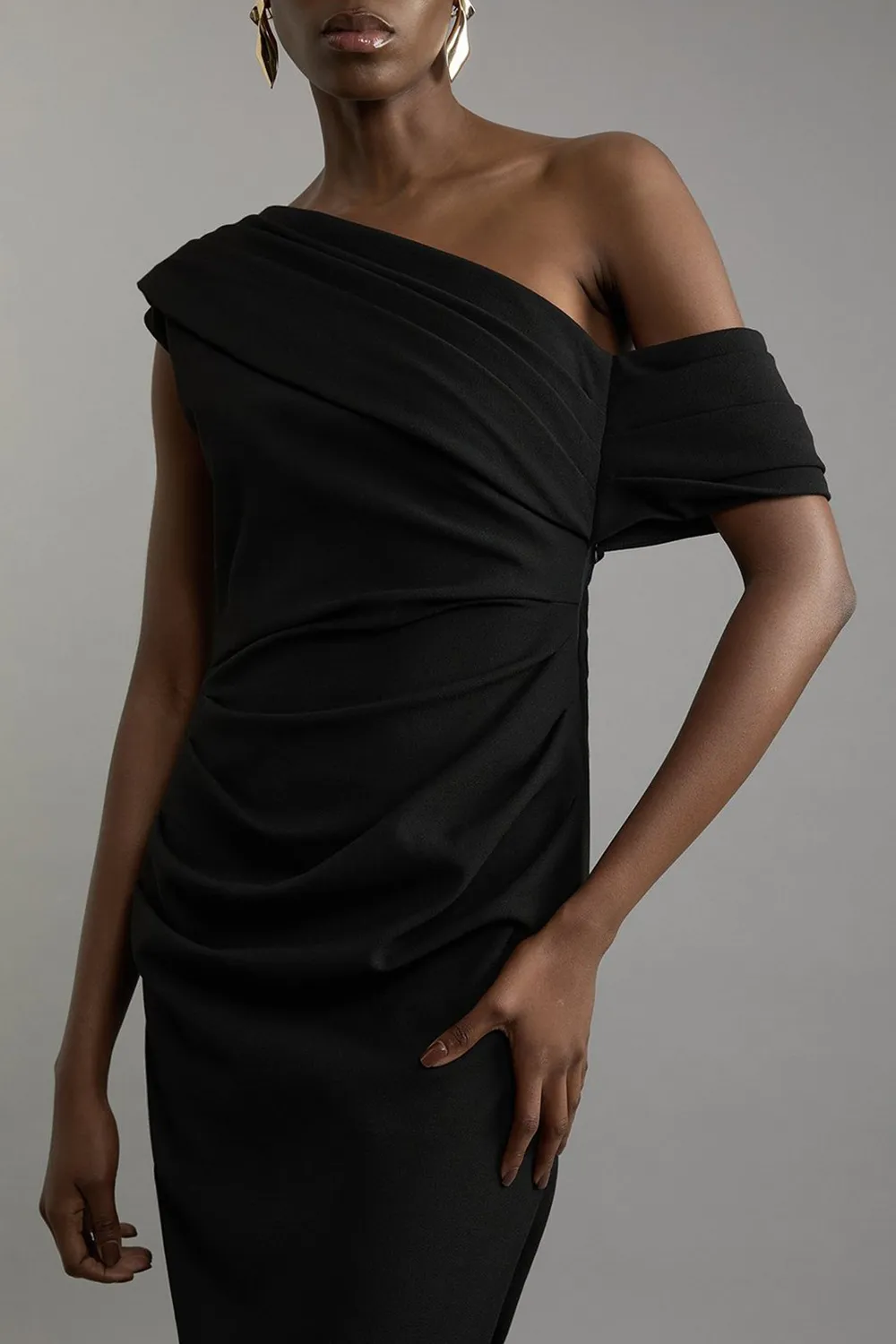 Structured Crepe Asymmetric Tailored Pencil Midi Dress