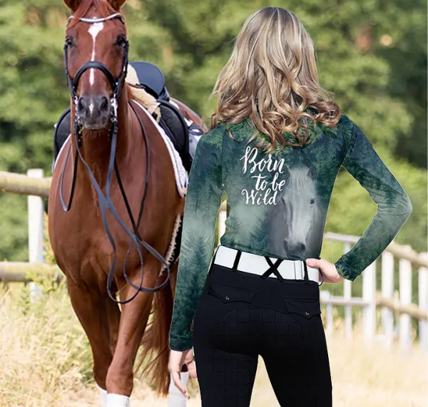 Women's Riding Style Horse Print Long Sleeve Casual Shirt