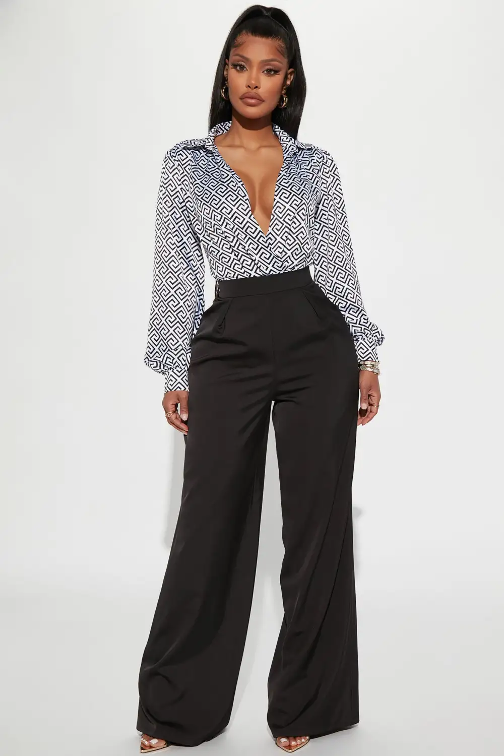Fashionably Late Satin Bodysuit - Black/White