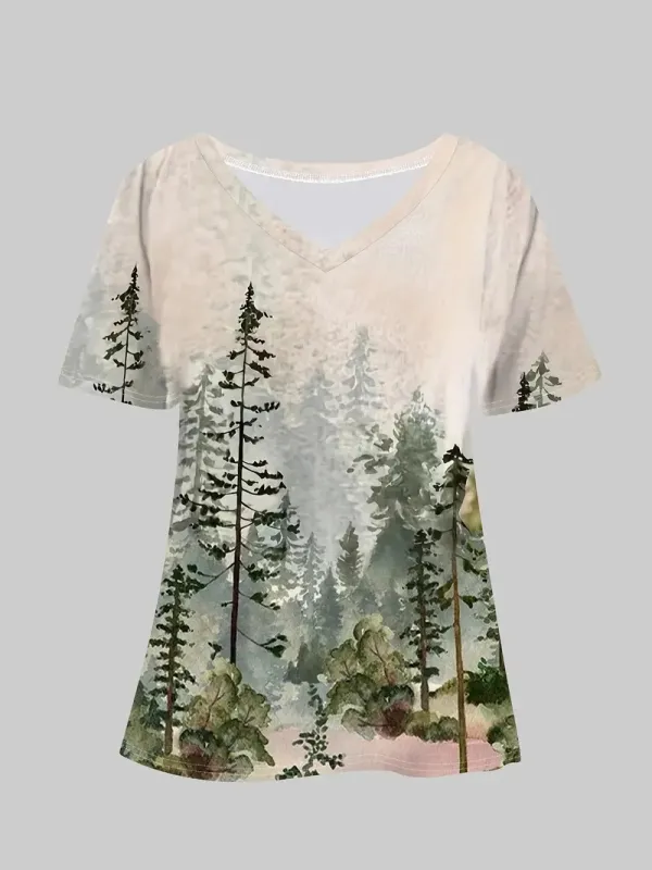 Women's Casual Forest Print V-Neck Short Sleeve T-Shirt