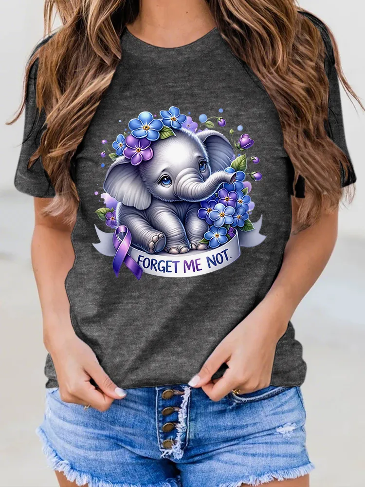 Women'S Round-Neck T-Shirt Forget Me Not Alzheimer'S Awareness Prints