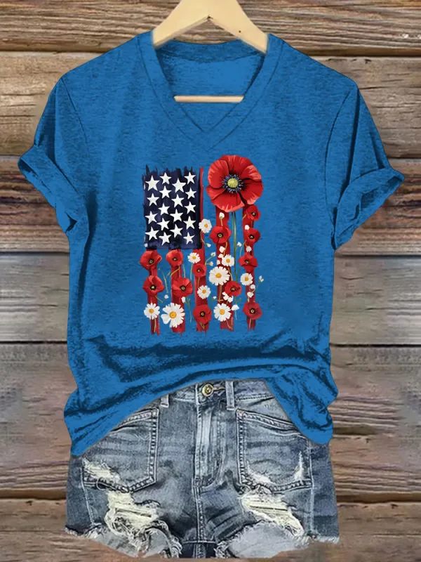 Woman'S Independence Day V-Neck And Short Sleeves T-shirt