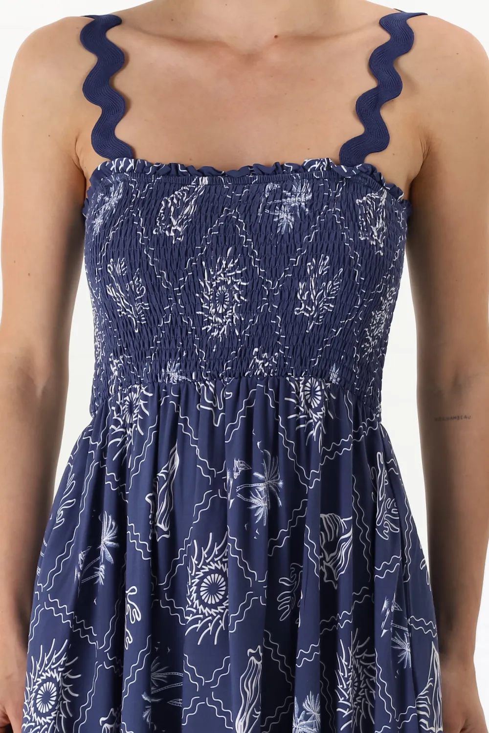 Blue Patterned Scallop Strap Midi Dress