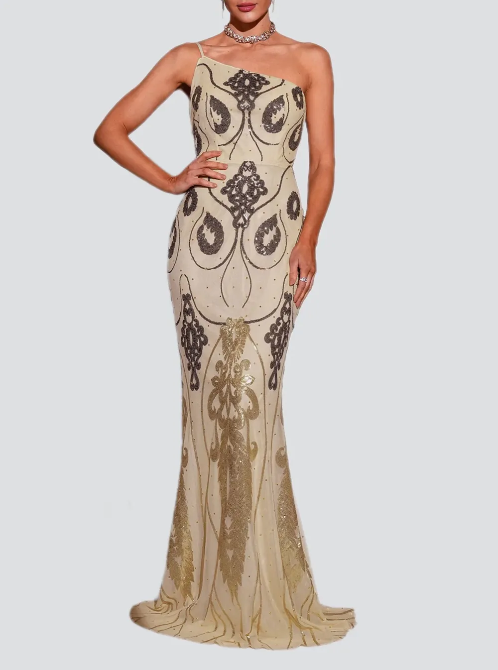 One Shoulder Spaghetti Graphic Prom Dress