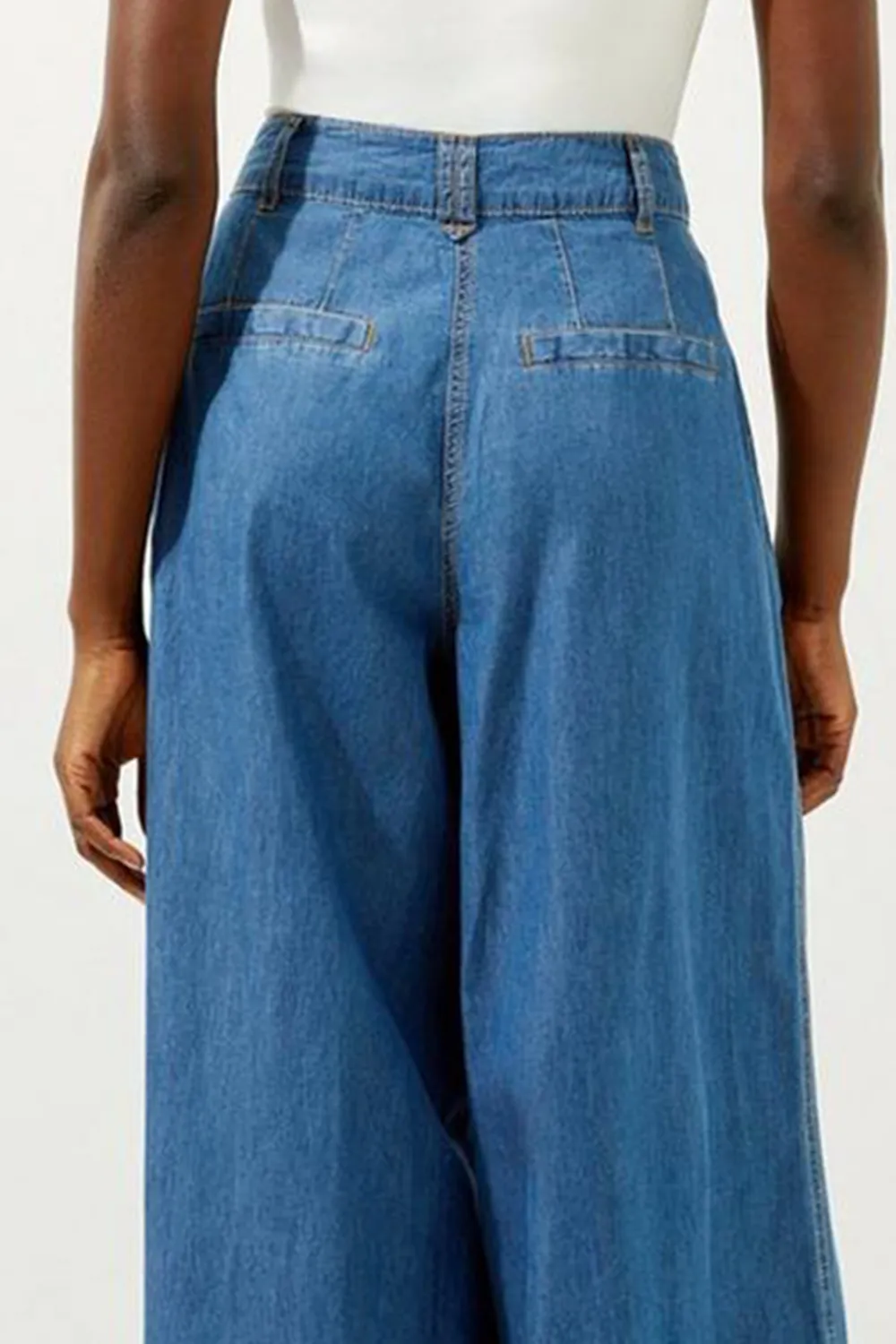 Tailored Chambray Denim Straight Leg Pleated Trousers