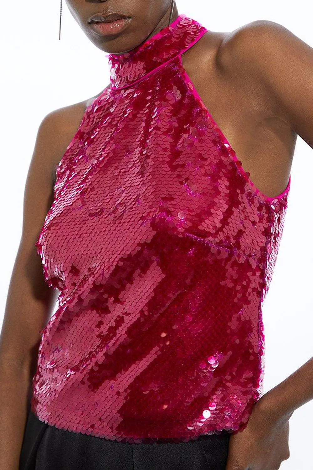 Layered Sequin Woven Halter Top
