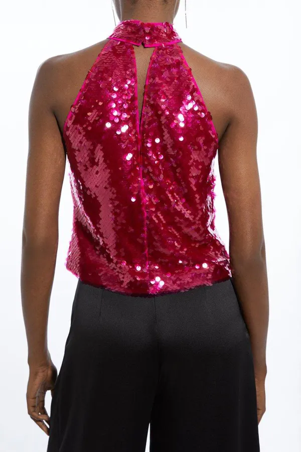 Layered Sequin Woven Halter Top