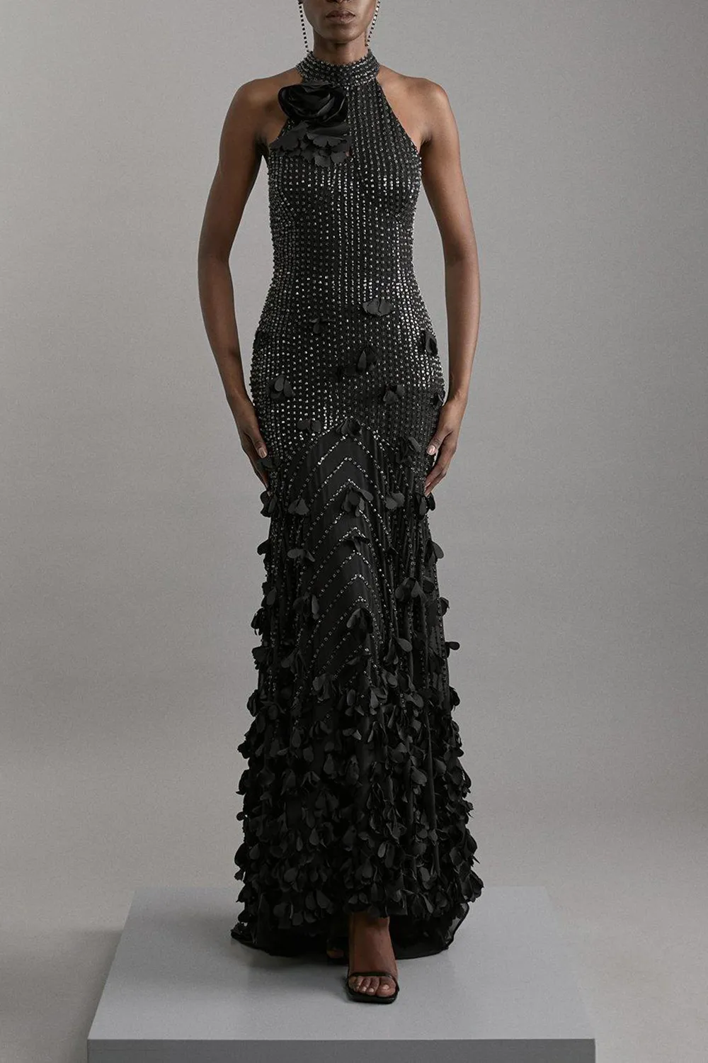 Floral Applique Crystal Embellished Woven Maxi Rosette Maxi Dress