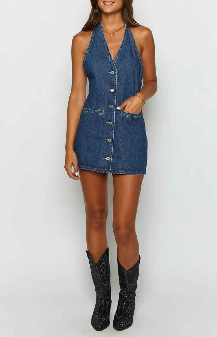 Denim Halter Neck Button Front Mini Dress