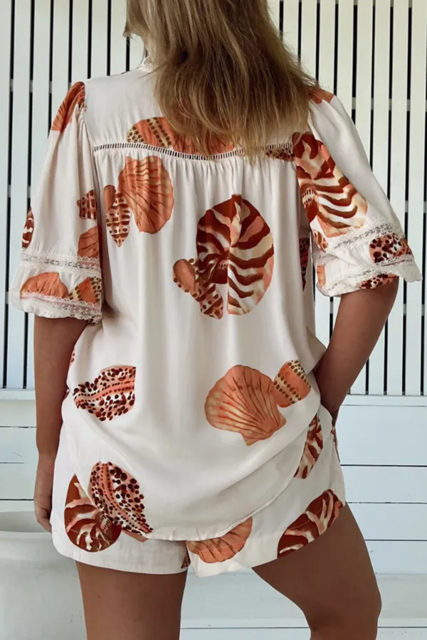 Cream Shell Print Short Sleeve V Neck Blouse