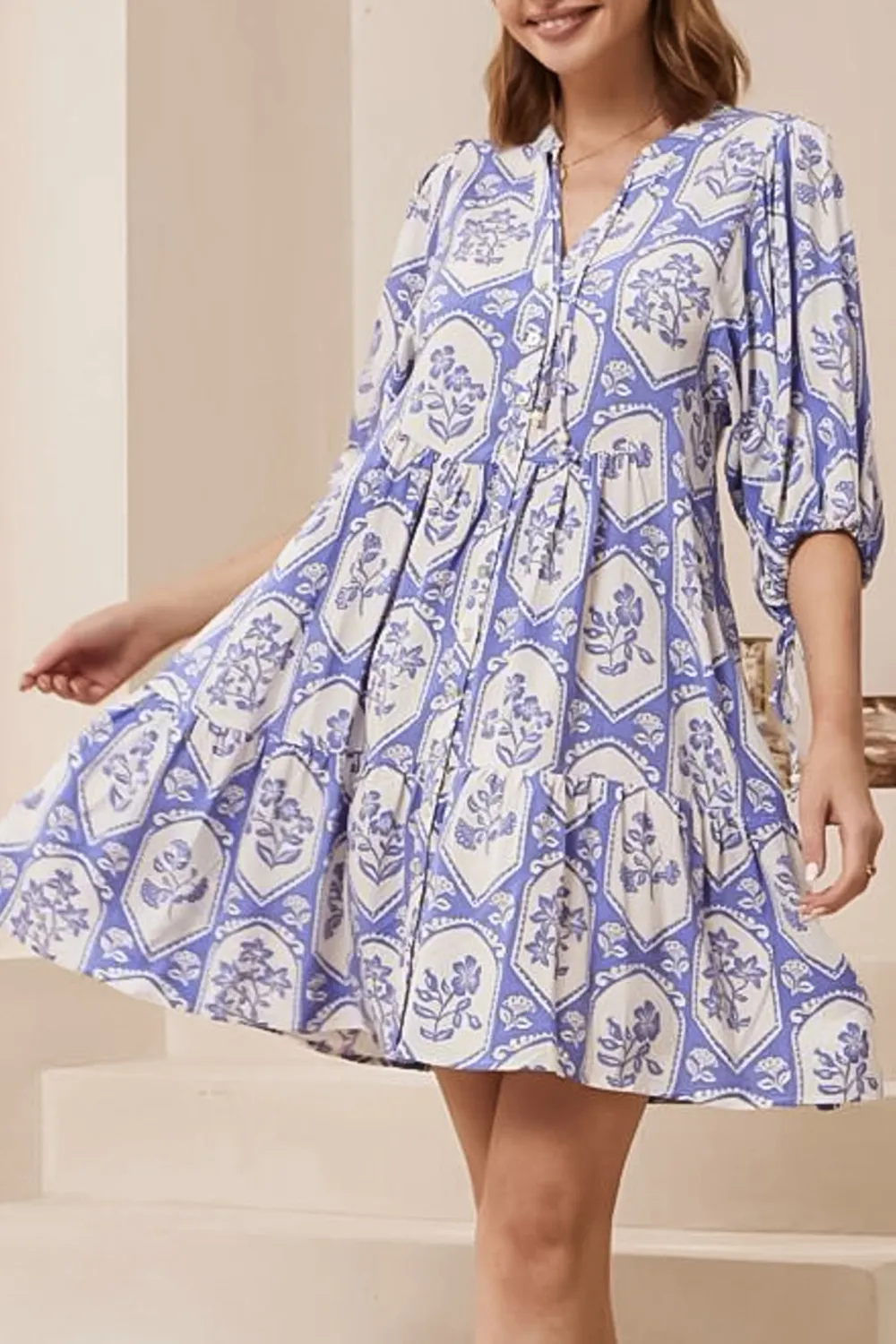 Purple Patterned V Neck Swing Dress