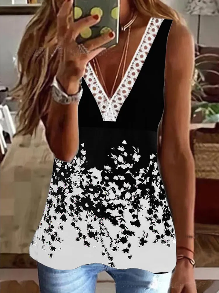 Blue Flower Sleeveless V-Neck Summer Cami Tops