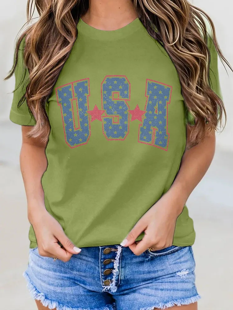 Woman'S USA Round-Neck Short-Sleeved T-Shirt